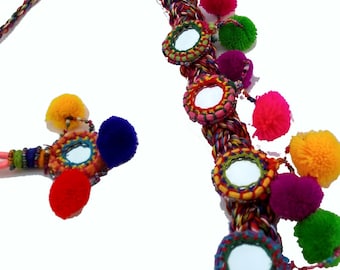 long handmade belt,High Waist Belt, Tie Belt, Lisu,Colorful Pom Pom belt,Textile Art Belt, Asian Folk Belt,hand knit rustic,