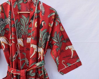 Red Women's Kimono Robe Cotton Dressing Bathrobe Lightweight 100% Organic Cotton Bridesmaid bridal dress Luxury beach wedding robelong short