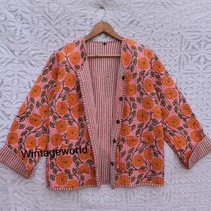 Veste matelassée à fleurs réversible faite main vintage hiver été été unisexe femmes veste patchwork broderie manteau court handblock veste indigo