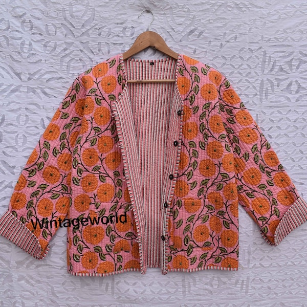 handmade Reversible Flower Quilted Jacket vintage Winter summer unisex women  jacket patchwork embroidery short coat handblock indigo jacket