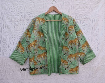 Tiger print Cotton Reversible Flower Quilted Jacket vintage Winter summer unisex jackets patchwork Bohemian Style embroidery short coat