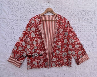 Reversible Flower Quilted Jacket vintage Winter summer unisex jackets patchwork Bohemian Style embroidery short coat handblock indigo jacket