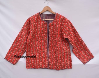 Red Flower Quilted Jacket Reversible women girls vintage Winter summer Fashion,unisex jackets patchwork Bohemian Style embroidery short coat