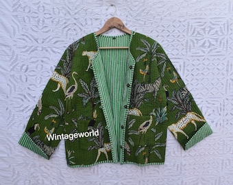 Jungle tiger Reversible  Quilted Jacket vintage Winter summer unisex women  jacket patchwork embroidery short coat handblock indigo jacket