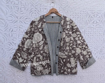 handmade Reversible Flower Quilted Jacket vintage Winter summer unisex women  jacket patchwork embroidery short coat handblock indigo jacket