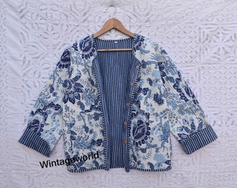 Reversible Flower Quilted Jacket vintage Winter summer unisex jackets patchwork Bohemian Style embroidery short coat handblock indigo jacket