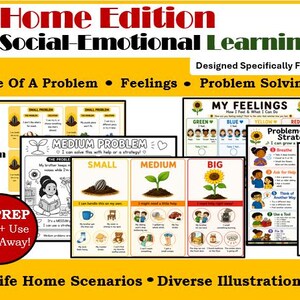 Op de afbeelding: Home Edition Social-Emotional Learning Toolkit met 50+ printbare pagina's, inclusief overzichtskaarten, scenario-kaarten, kleurplaten en gevoelens-grafieken. Bevat diverse illustraties, ouder-gidsen en probleemoplossende strategieën.