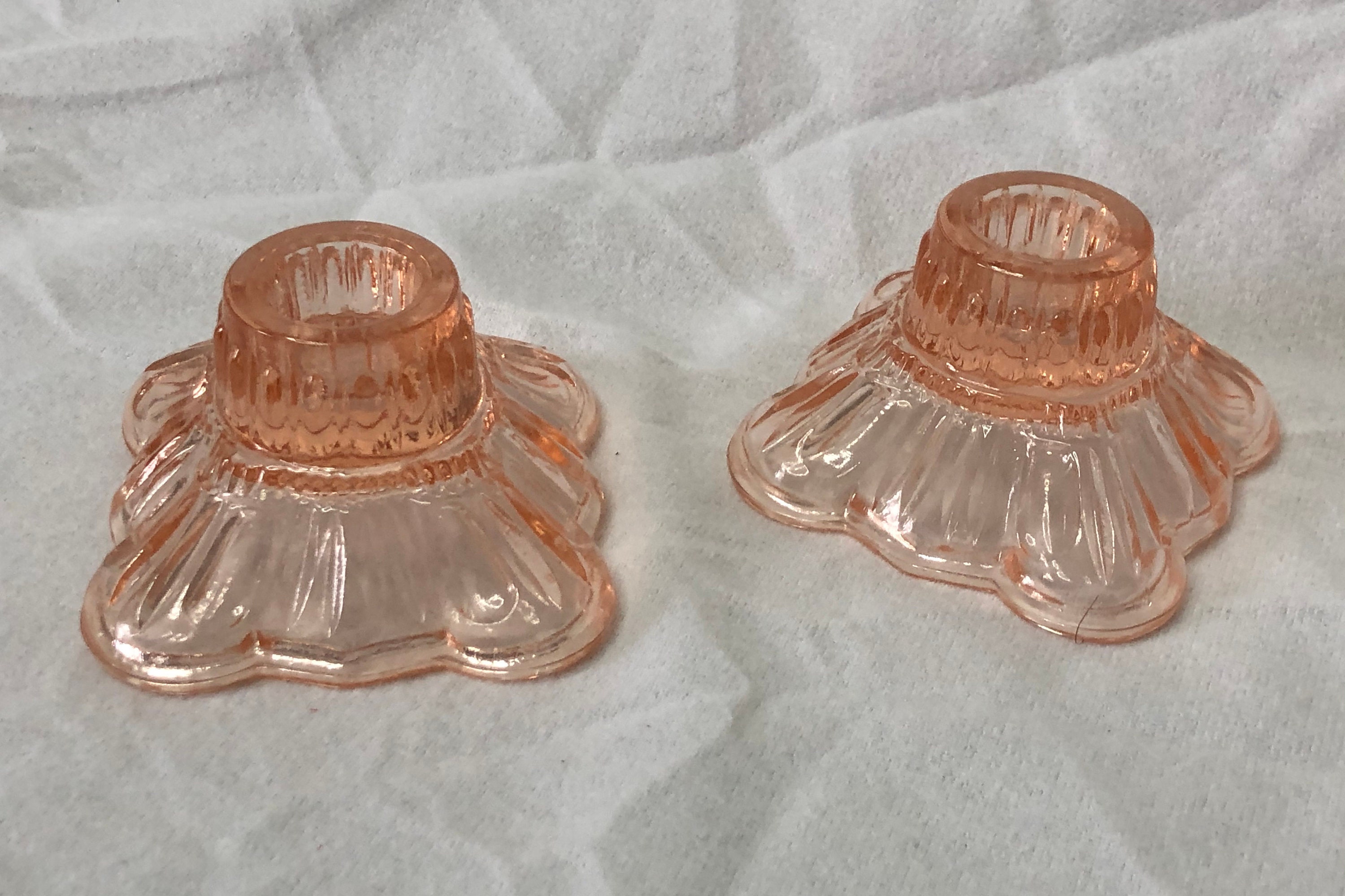 Pink depression glass candle holders Etsy