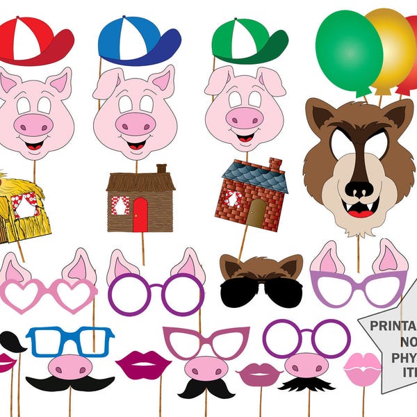 Fairy tale photo booth props: "KIDS PARTY PROPS" Three little pigs Printable birthday props Birthday photo booth Three pigs and wolf party