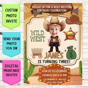 Convite de aniversário do Velho Oeste, convite de aniversário com foto de rosto personalizado, cartão de comemoração digital personalizado para festa de cowboy de aniversário infantil