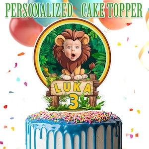 Adorno para tarta de cumpleaños con diseño de león de safari, adorno para tarta de león personalizado, adorno para tarta de aventura con foto personalizada imprimible, decoración para cumpleaños con diseño de león de safari