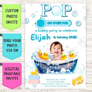 Convite de aniversário de banheira, convite de aniversário com foto de rosto personalizado, cartão de comemoração digital personalizado para festa de aniversário de banho infantil