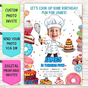 Faire-part d'anniversaire chef boulanger, faire-part d'anniversaire avec photo de visage personnalisée, carte de célébration numérique personnalisée pour fête d'anniversaire de chef