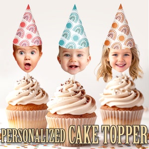 Party Hat Head Photo Cupcake Toppers, Personalized Party Hat Cupcake Topper, Printable Custom Photo Cupcake Topper, Birthday Decor