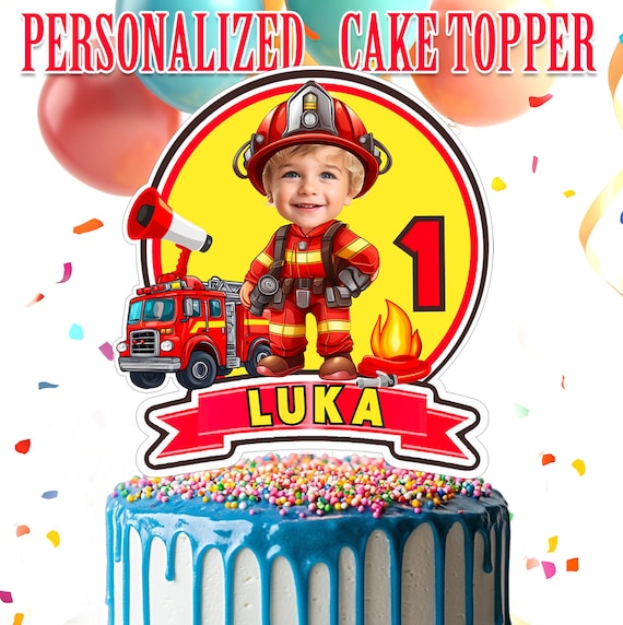 パーソナライズされた消防士の誕生日ケーキトッパー：カスタム写真