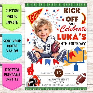Convite de aniversário de futebol, convite de aniversário com foto de rosto personalizado, cartão de comemoração digital personalizado para festa de futebol de aniversário infantil