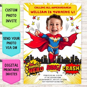 Convite de aniversário de super-herói, convite de aniversário com foto de rosto personalizado, cartão de comemoração digital personalizado para festa de aniversário de super-herói