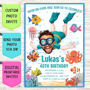 Verjaardagsuitnodiging duiker, aangepaste gezichtsfoto verjaardagsuitnodiging, digitale gepersonaliseerde feestkaart voor snorkelverjaardagsfeestje