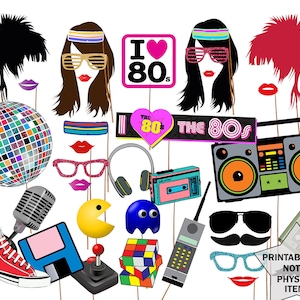 80s Photo Booth Props: &quot;80&#39;S PARTY PROPS&quot; 1980&#39;s Era photobooth Props 80s party printable Eighties party Fun Photo Booth Instant download