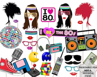 80s Photo Booth Props: "80'S PARTY PROPS" 1980's Era photobooth Props 80s party printable Eighties party Fun Photo Booth Instant download