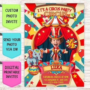 Invito di compleanno a tema circo, invito di compleanno con foto personalizzata, biglietto di auguri digitale personalizzato per la festa di compleanno a tema circo per bambini
