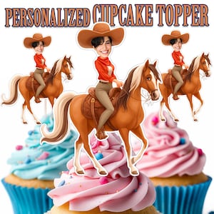 Topo de cupcake Cowgirl, Topo de cupcake Cowgirl personalizado, Topo de cupcake Cowgirl com foto personalizada para impressão, Decoração de aniversário, Decoração do Velho Oeste