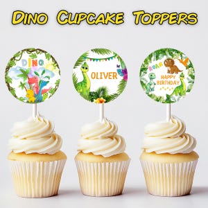 Dinosaur Birthday Cupcake Toppers, Personalized Dinosaur Cupcake Toppers, Printable Custom Tyrannosaurus Cupcake Toppers, Birthday Decor