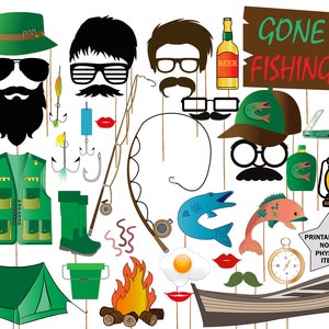 May include: A set of printable fishing themed photo booth props. The props include a fishing vest, a fishing rod, a fish, a bucket, a campfire, a boat, a compass, a moustache, a pair of glasses, a hat, a beard, a fish, a worm, a fishing hook, and a sign that says "Gone Fishing!"