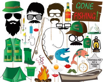 May include: A set of printable fishing themed photo booth props. The props include a fishing vest, a fishing rod, a fish, a bucket, a campfire, a boat, a compass, a mustache, a pair of glasses, a hat, a beard, a fish, a worm, a fishing hook, and a sign that says "Gone Fishing!"