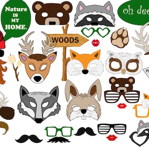Woodland Party Photo booth Props: &quot;WOODLAND BIRTHDAY&quot; Printable PDF, Animal Party,Animal masks,Diy Props,Photobooth Props,Forest Party Props