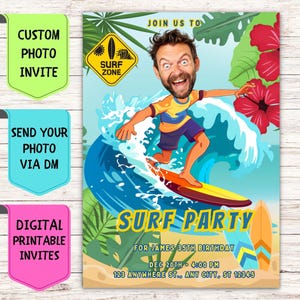 Convite de aniversário de windsurfista, convite de aniversário com foto de rosto personalizado, cartão de comemoração digital personalizado para festa de aniversário de surfista