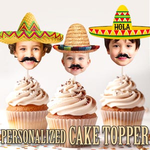 Sombrero Partyhut Kopf Foto Cupcake Toppers, personalisierte Partyhut Cupcake Topper, druckbare benutzerdefinierte Foto Cupcake Topper, Geburtstagsdeko