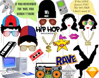 May include: A set of 12 printable photo booth props with a 90s hip hop theme. The props include a boombox, a cassette tape, a gold chain, a star, a pair of sunglasses, a video cassette, a computer, a pair of lips, a pair of sunglasses, a person doing a breakdance move, a game console, a hat, and a sign that says "If the love doesn't feel like 90's R&B I don't want it!"