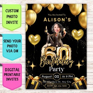 Convite de aniversário com rosto de mulher com idade Convite de aniversário com foto de rosto personalizado Cartão de celebração digital personalizado para festa de aniversário de menina