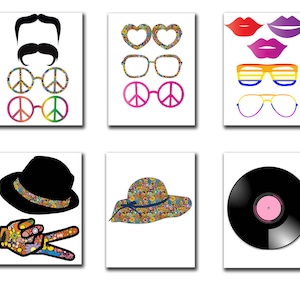 May include: Set of 10 printable photo booth props featuring a variety of 1970s themed designs, including peace signs, sunglasses, hats, and a record.