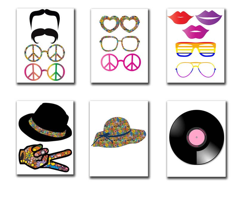 May include: Set of 10 printable photo booth props featuring a variety of 1970s themed designs, including peace signs, sunglasses, hats, and a record.