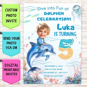 Delfin Geburtstagseinladung, Foto-Geburtstagseinladung mit individuellem Gesicht, Digitale personalisierte Feierkarte für Kindergeburtstag-Delphin-Party