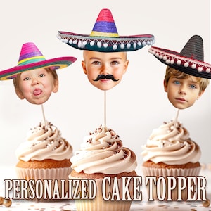 Sombrero Party Hat Head Photo Cupcake Toppers, Personalized Sombrero Cupcake Topper, Printable Custom Photo Cupcake Topper, Birthday Decor