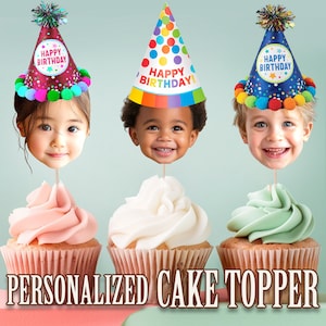 Party Hat Head Photo Cupcake Toppers, Personalized Party Hat Cupcake Topper, Printable Custom Photo Cupcake Topper, Birthday Decor