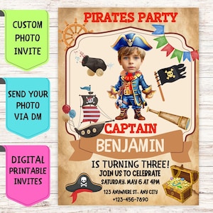 Verjaardagsuitnodiging piraat, aangepaste gezichtsfoto verjaardagsuitnodiging, digitale gepersonaliseerde feestkaart voor kinderverjaardag piratenfeestje