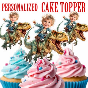 Dinosaur Rider Cupcake Topper, Personalized Dinosaur Cupcake Topper Printable Custom Photo Tyrannosaurus Rider Cupcake Topper Birthday Decor