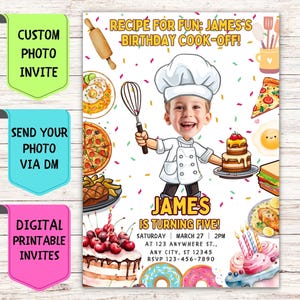 Convite de aniversário do Chef Baker, convite de aniversário com foto de rosto personalizado, cartão de comemoração digital personalizado para festa de aniversário do Chef