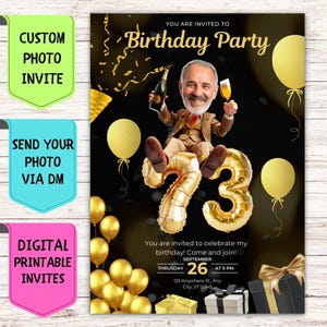 年齢がわかる男性の顔の誕生日招待状 カスタム顔写真の誕生日招待状 男性の誕生日パーティーのためのデジタルパーソナライズされたお祝いカード