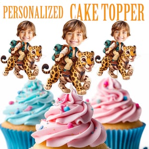 Boy Riding Leopard Cupcake Topper, Personalized Animal Cupcake Topper, Printable Custom Photo Leopard and Boy Cupcake Topper, Birthday Decor