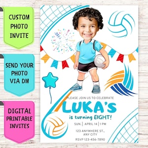 Convite de aniversário de vôlei, convite de aniversário com foto de rosto personalizado, cartão de comemoração digital personalizado para festa de aniversário de vôlei
