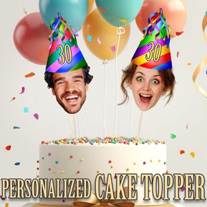 30 Jahre Partyhut Kopf Foto Cupcake Topper, personalisierte Partyhut Cupcake Topper, druckbare benutzerdefinierte Foto Cupcake Topper, Geburtstagsdeko