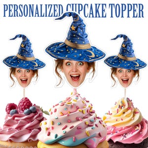 Zauberer Partyhut Kopf Foto Cupcake Toppers, personalisierte Partyhut Cupcake Topper, druckbare benutzerdefinierte Foto Cupcake Topper, Geburtstagsdeko