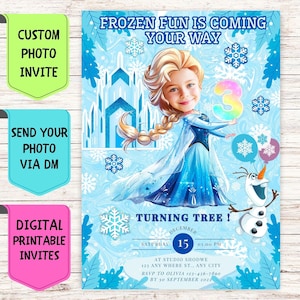 Invito di compleanno Frozen Elsa, invito di compleanno con foto del viso personalizzato, biglietto di auguri digitale personalizzato per la festa di compleanno di ragazze Elsa