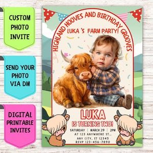 Convite de aniversário de vaca das Terras Altas do fazendeiro, convite de aniversário com foto de rosto personalizado, cartão comemorativo personalizado para festa de aniversário de fazendeiro