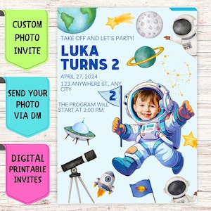Faire-part d'anniversaire astronaute, faire-part d'anniversaire avec photo de visage personnalisée, carte de célébration numérique personnalisée pour fête d'anniversaire d'astronaute